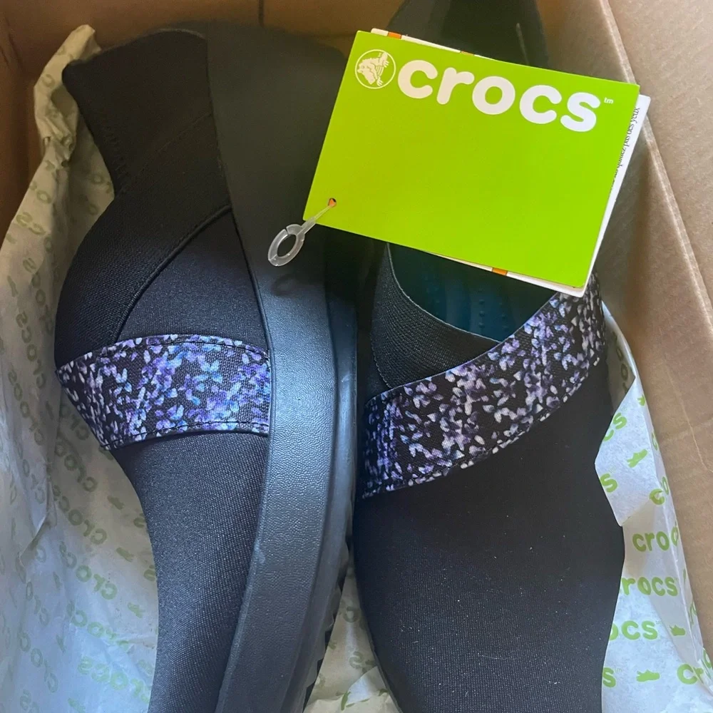 CROCS Women's Black Slip-On Flats with Purple Floral Elastic Strap